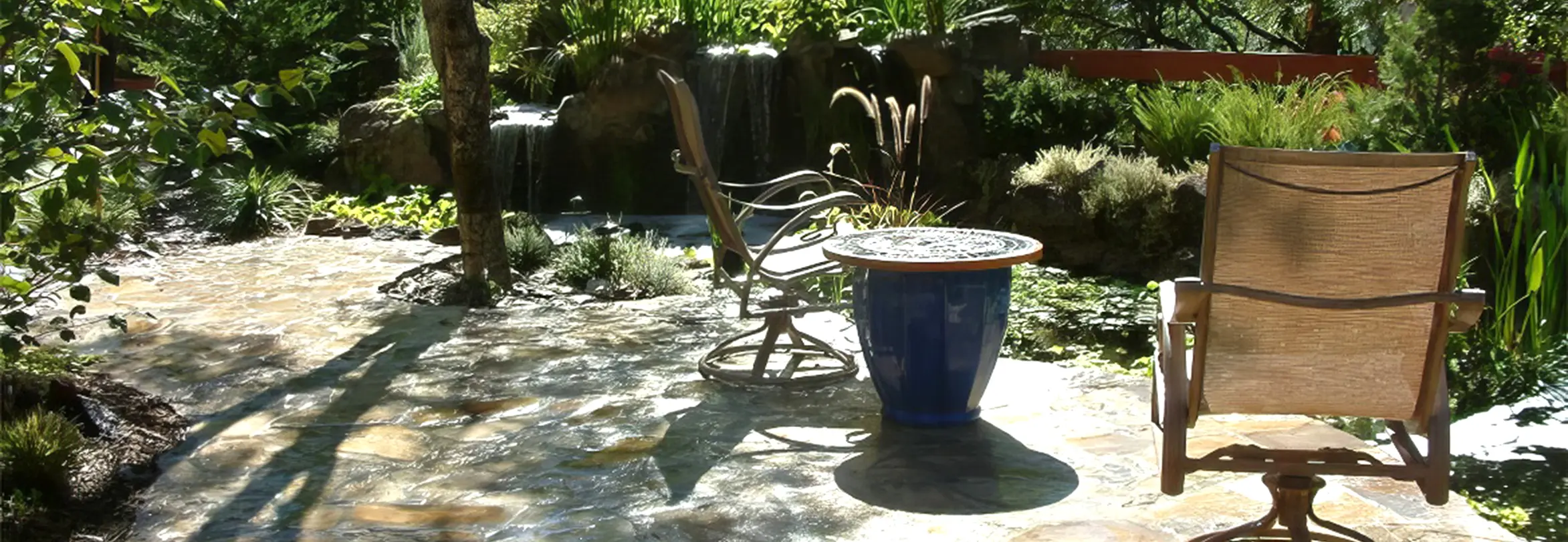 Shaded patio with drought-tolerant landscaping